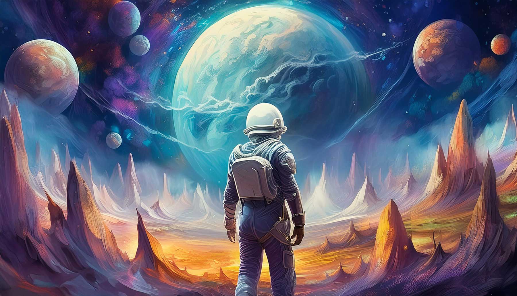 Space man exploring a new planet in fantasy art style