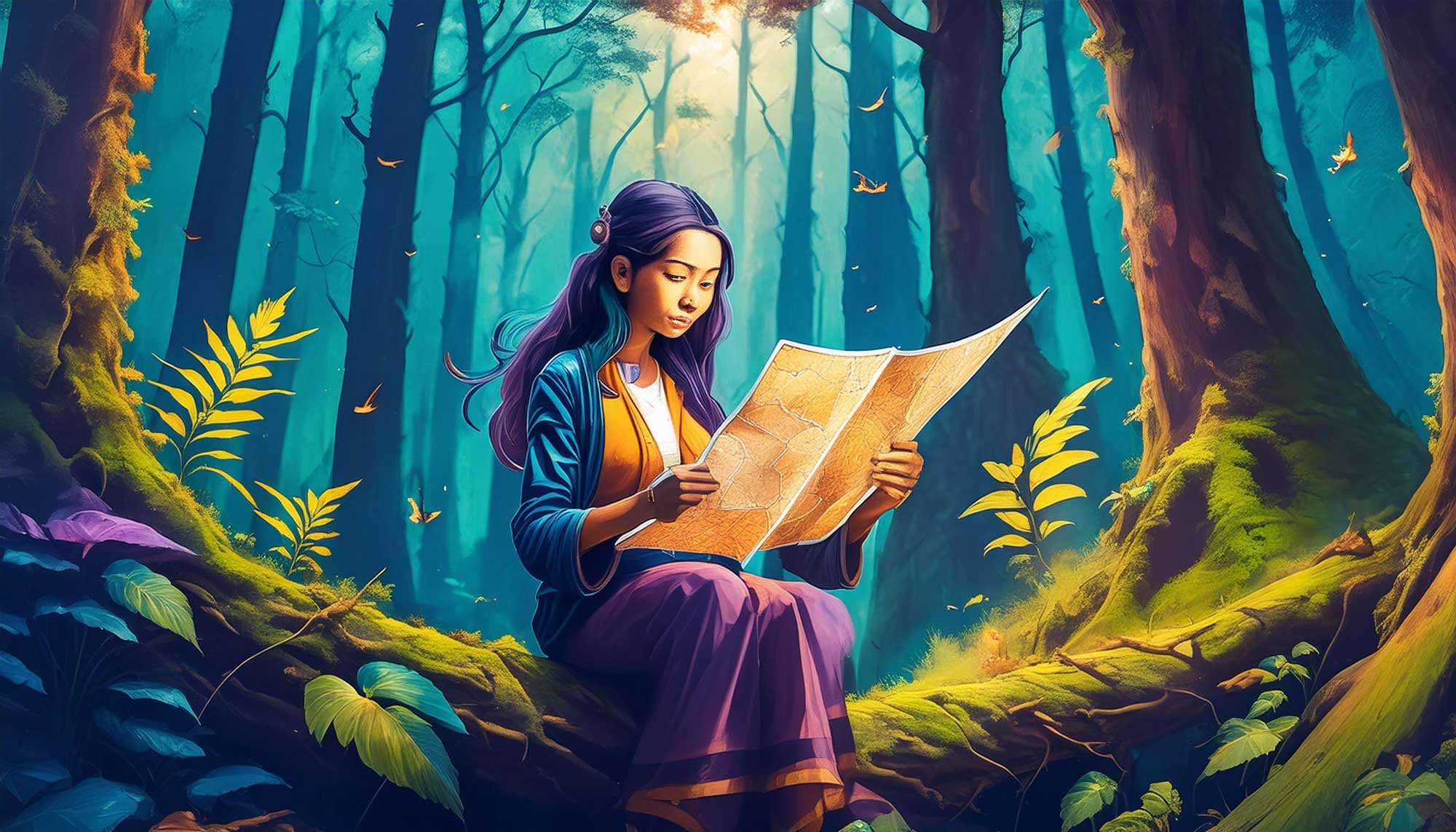 Painting of a lost female reading a map in a forest.