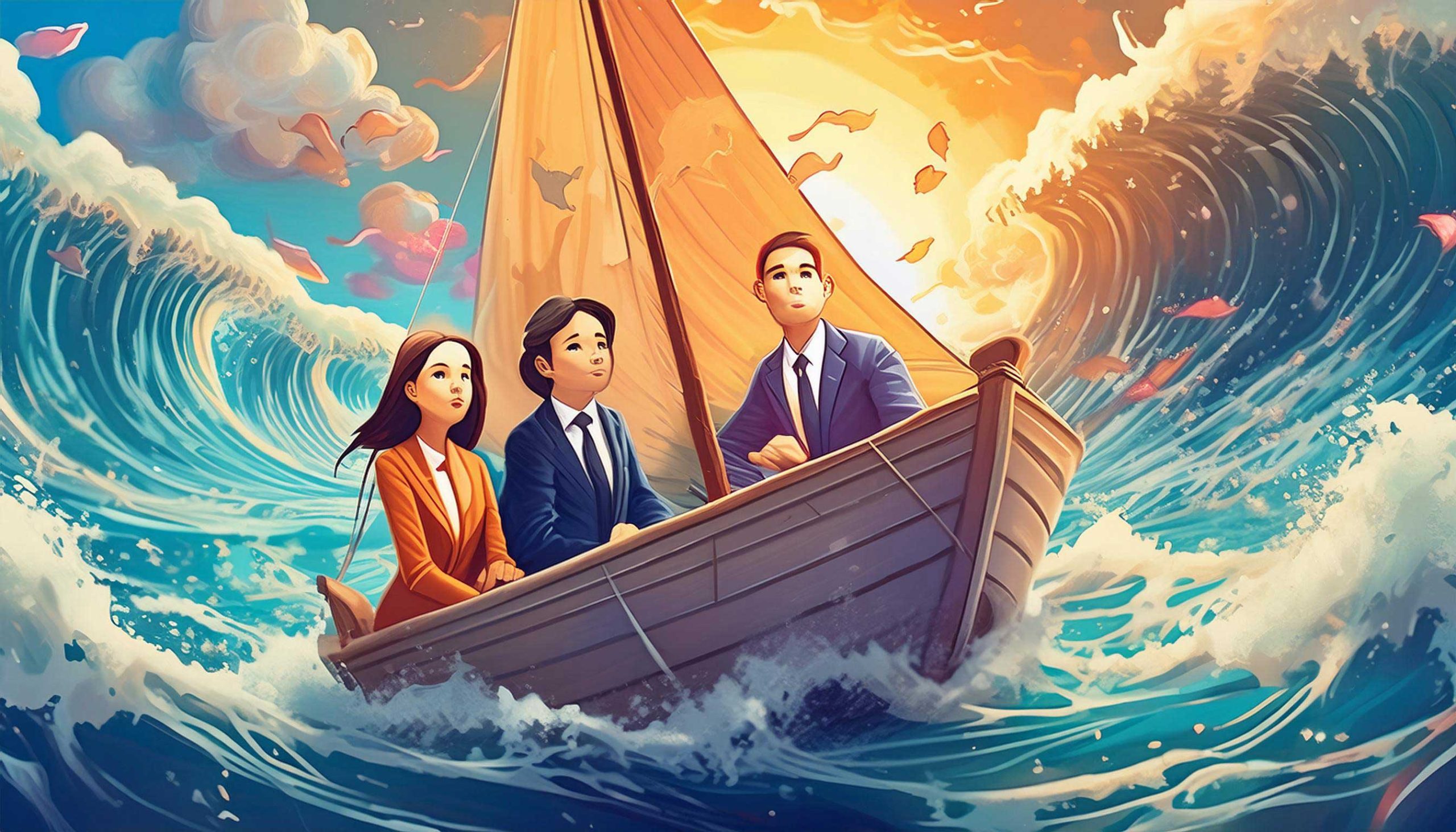 Painting of a team of corporates in a tiny sail boat amongst the dangerous sea with crashing waves